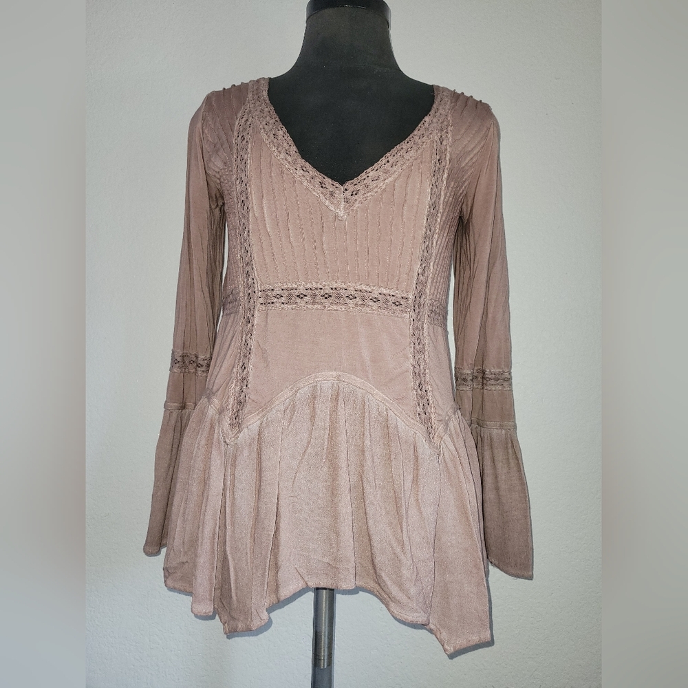 Rose Pink Light Washed Bell Long Sleeeve Boho Oversized Top Back Tie Back Small - Picture 3 of 9